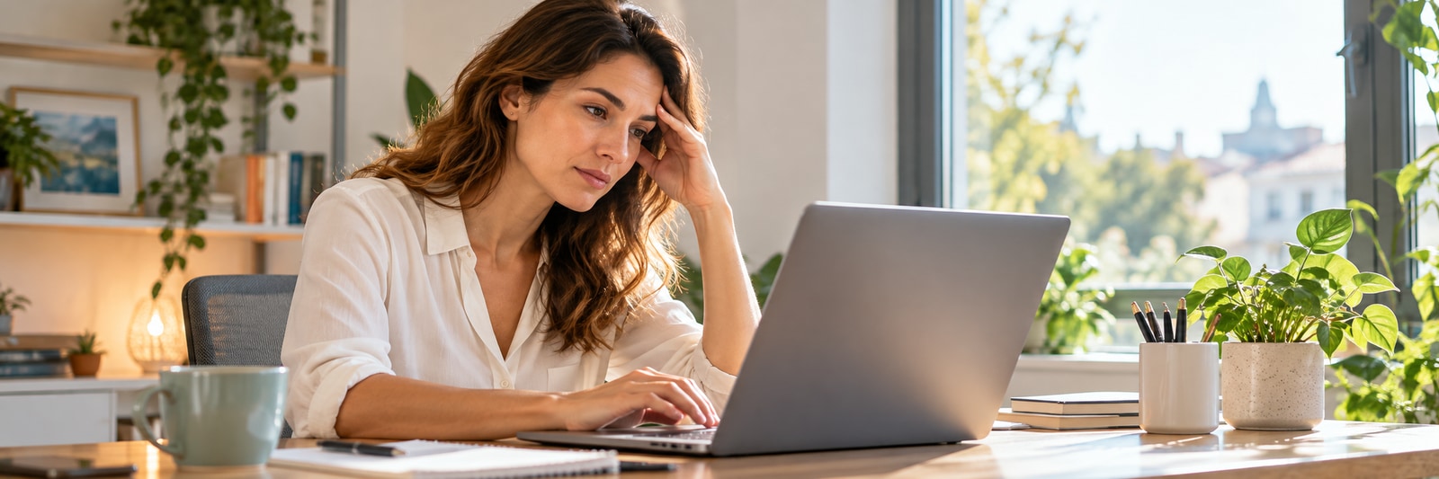 Femme travaillant sur ordinateur, une main près de la tempe.
