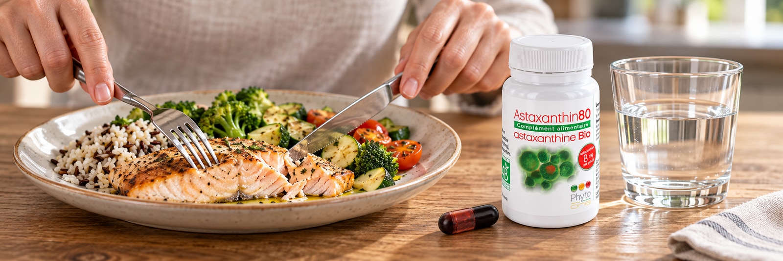 Repas de midi avec les mains d’une personne, le pilulier Astaxanthin80 Bio, une seule gélule et un verre d’eau.